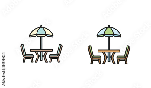 Two outdoor tables with umbrellas and chairs on a for patio or garden decoration ideas