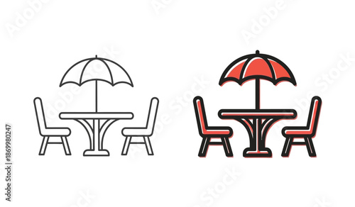 Colorful patio table and chair sets with umbrellas in various styles and colors