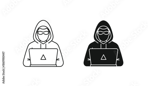 Two hooded hackers using laptops with triangle symbols on screens in black and white