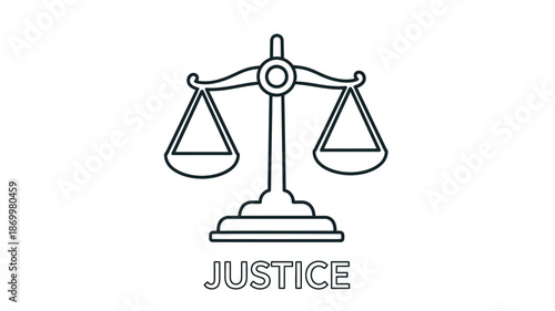 A simple line drawing of scales of justice with the word justice below it