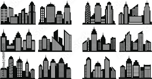 Black and white city skylines with various building silhouettes buildings skyscrapers