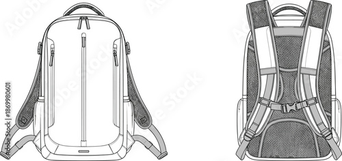 Backpack front and back views with mesh panels and straps front view