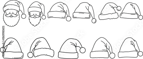 Black and white line of santa hats and bearded faces christmas hat line black and white