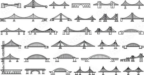 Black and white line of various bridge types line black and white architecture engineering