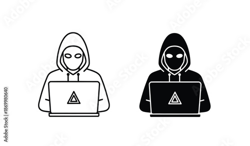 Two hooded hackers using laptops with warning signs on screens in black and white