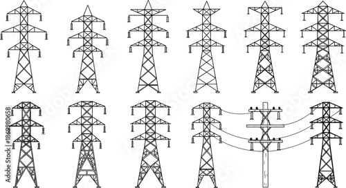 Black and white line of various power transmission towers electricity pylons line black and white