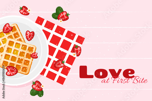 Vibrant poster with waffles with strawberry in red and pink colours. Decorations for Valentines Day, backery, cafe, restaurant. Flat cartoon style. Fruit biscuit waffles. Delicious dessert. Vector 