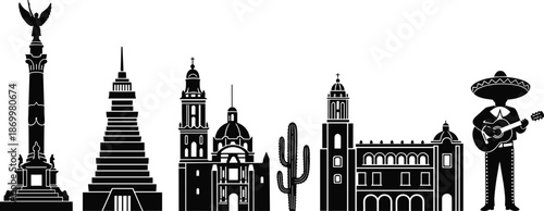 Black and white Mexican cityscape with buildings and a musician mexico monuments