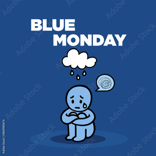 Vector illustration of a blue figure sitting under a rain cloud, representing depression, sadness, and the gloomiest Monday.