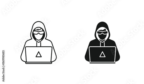 Two hooded hackers with laptops and masks on their faces in black and white