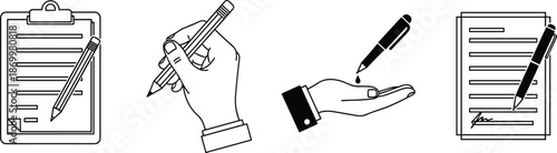 Black and white of hands holding pencils and signing documents on clipboards