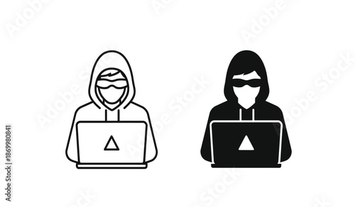 Two hooded hackers with laptops and masks on their faces in black and white