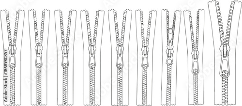 Black and white of multiple zippers in different states metal fabric teeth