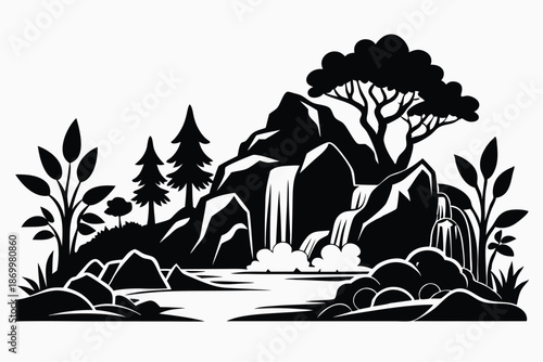 Minimalist Vector Art of a Forest Stream Waterfall with Stones and Lush Foliage Graphic
