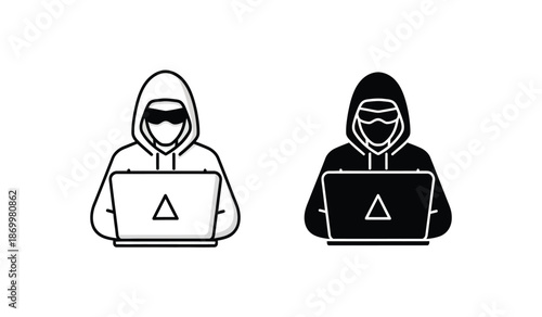 Two hooded hackers with laptops in black and white
