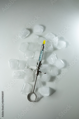 Syringe for anesthesia on ice cubes