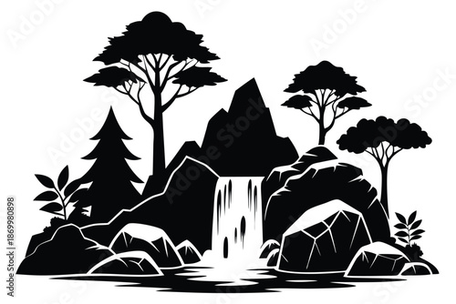 Dramatic Black and White Sketch of a Wilderness Waterfall Cascading over Steep Cliffs and Rocks