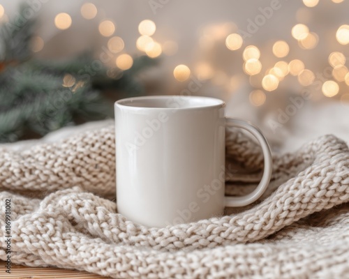 Wallpaper Mural Blank white ceramic coffee mug mockup resting comfortably atop a thick beige knitted blanket with soft, warm bokeh lights in the background. Torontodigital.ca