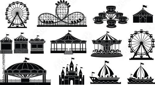 Black and white of various amusement park attractions and rides carnival ferris wheel