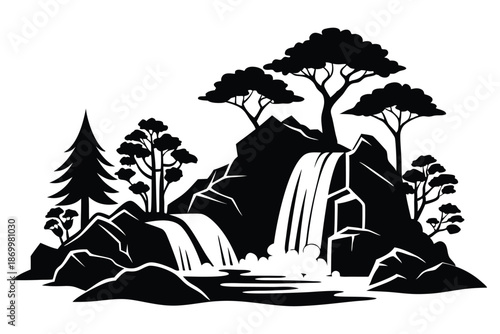 Elegant Monochrome Landscape Design Featuring a Rushing Waterfall and Evergreen Forest Trees