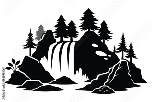 Black and White Vector Graphic of a Peaceful Waterfall Tumble over Stones in a Wild Landscape