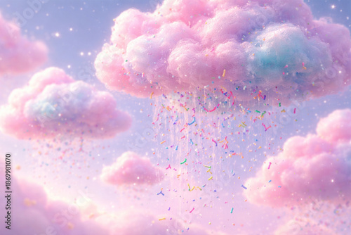 fluffy cotton candy shaped like clouds raining colorful sprinkles,