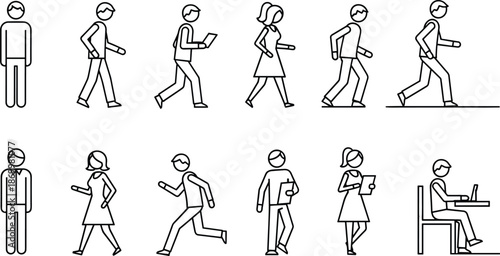 Black and white stick figures in various poses people walking running sitting