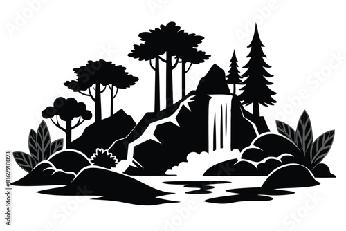 Detailed Pen and Ink Style Vector of a Cascading Forest Waterfall with Decorative Rocks and Trees