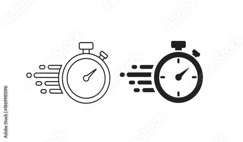 Black and white stopwatch icons with motion lines on a pure for speed and time concepts