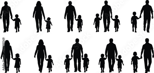 Black silhouettes of adults and children walking hand in hand white background