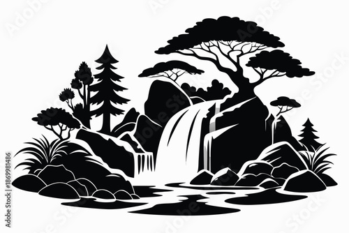 Vector Drawing of a Secluded Forest Waterfall with Layered Rocks and Delicate Foliage Details