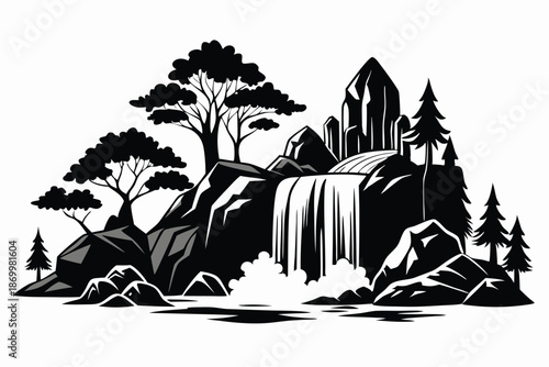 Graphic Representation of a Cascading Mountain Stream with Trees and Stone Texture in Black and White