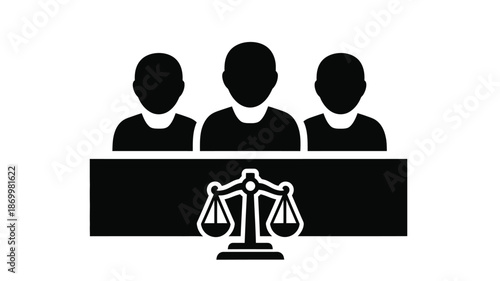 A black silhouette depicting three people and the scales of justice representing legal processes