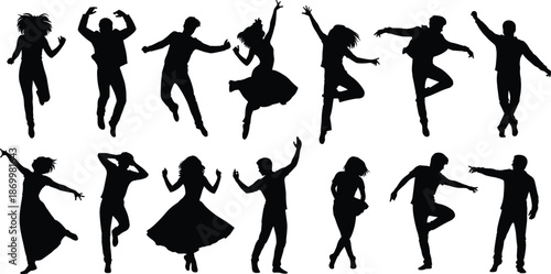 Black silhouettes of people dancing on white background