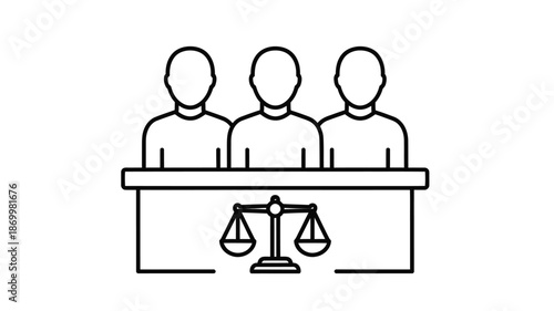 Simple line drawing depicts a courtroom scene with a judge and scales of justice