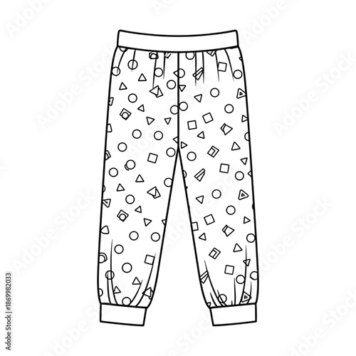 Black and white illustration of joggers with geometric pattern on white background