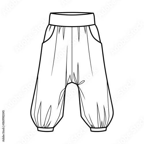 Black and white illustration of harem pants on white background