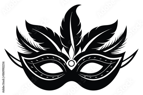 Carnival Masquerade Mask with Elegant Feathers Pictogram Icon in Black and White Vector Style