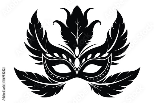 Masquerade Party Mask Icon with Decorative Feathers, Minimalist Black and White Design for Festival Branding