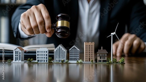 A real estate lawyer strikes miniature buildings with a gavel while a wind turbine stands nearby, surrounded by law books and decor