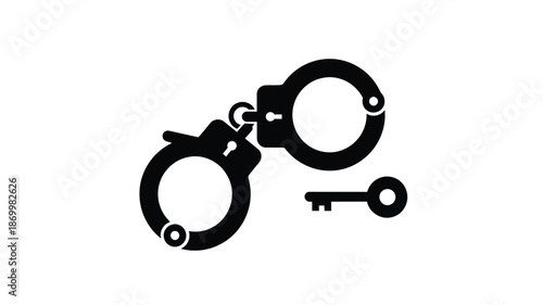 Black silhouette of open handcuffs with a key symbolizing freedom and legal justice