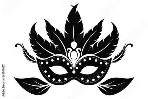 Theater Mask with Feathers Symbol, Monochrome Vector Graphic for Performance Art and Drama Production
