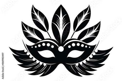 Ornate Carnival Mask Design with Feathers, Black and White Vector Silhouette for Masquerade Events