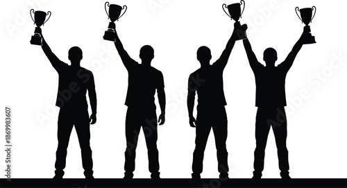 Four men in silhouette holding up trophies silhouettes awards celebration