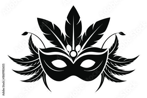 Festive Masquerade Icon with Large Feathers, Black and White Pictogram for Party Invitations and Posters
