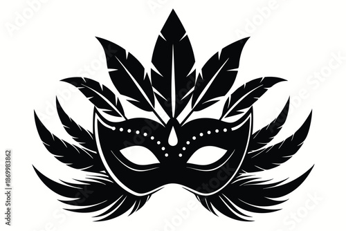 Fancy Carnival Mask with Feathers, Black and White Vector Illustration for Festival Decor and Web Graphics