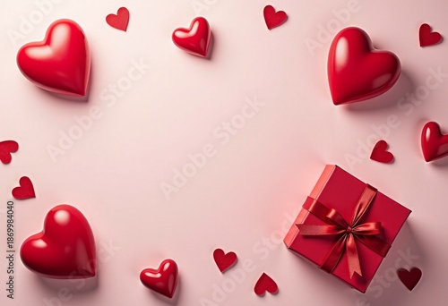 Valentine’s Day flat lay, red hearts, gift box with ribbon, light pastel background, minimal style, top view, copy space, ultra realistic