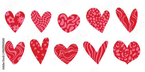 Set of different hand drawn textured heart shapes. Red heart Love symbol with various abstract patterns for Valentines Day. Vector art illustration isolated on white background
