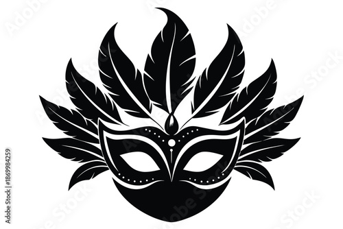 Classic Venetian Carnival Mask with Feathers, Black and White Vector Iconography for Travel and Tourism