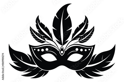 Carnival Celebration Mask Pictogram with Feathers, Black and White Graphic Illustration for Social Media